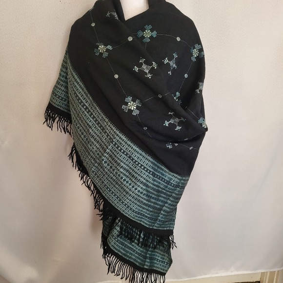 Shrujan Accessories - Embroidered Balochi Wool Blend Oversized Shawl 98x36 Black Blue Wrap [644]